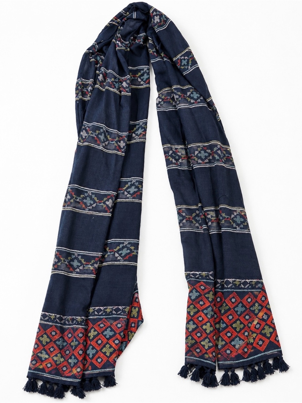 Hollister Navy Blue Patterned Tassel Scarf